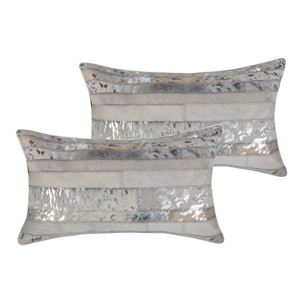 Set of Two 12" X 20" Gray and Silver Striped Cowhide Lumbar Throw Pillows with Glitter — view 3