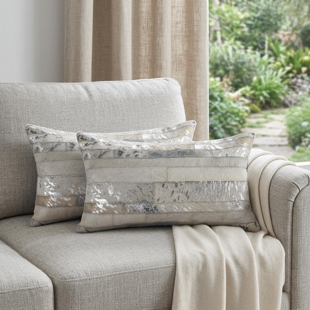 Set of Two 12" X 20" Gray and Silver Striped Cowhide Lumbar Throw Pillows with Glitter — view 7