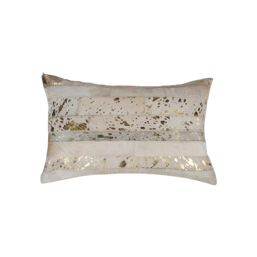 Set of Two 12" X 20" Natural and Gold Patchwork Cowhide Lumbar Throw Pillows with Glitter — view 5