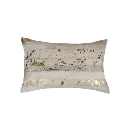 Set of Two 12" X 20" Natural and Gold Patchwork Cowhide Lumbar Throw Pillows with Glitter