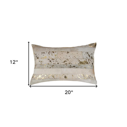 Set of Two 12" X 20" Natural and Gold Patchwork Cowhide Lumbar Throw Pillows with Glitter