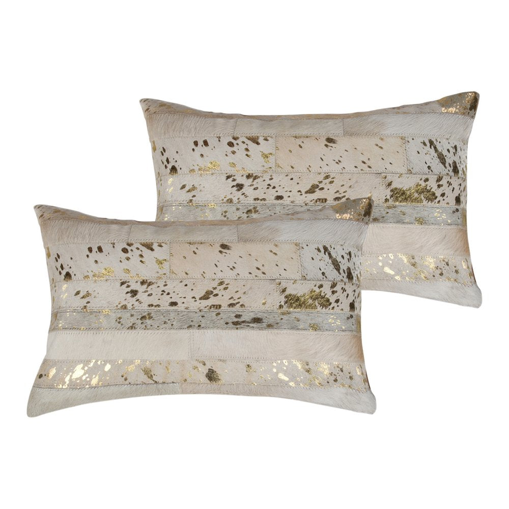 Set of Two 12" X 20" Natural and Gold Patchwork Cowhide Lumbar Throw Pillows with Glitter — view 1