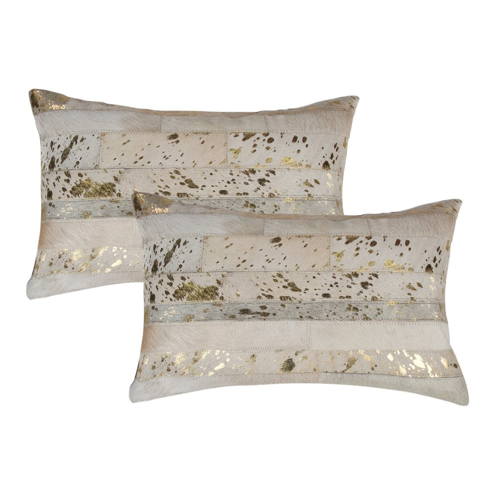 Set of Two 12" X 20" Natural and Gold Patchwork Cowhide Lumbar Throw Pillows with Glitter — view 2