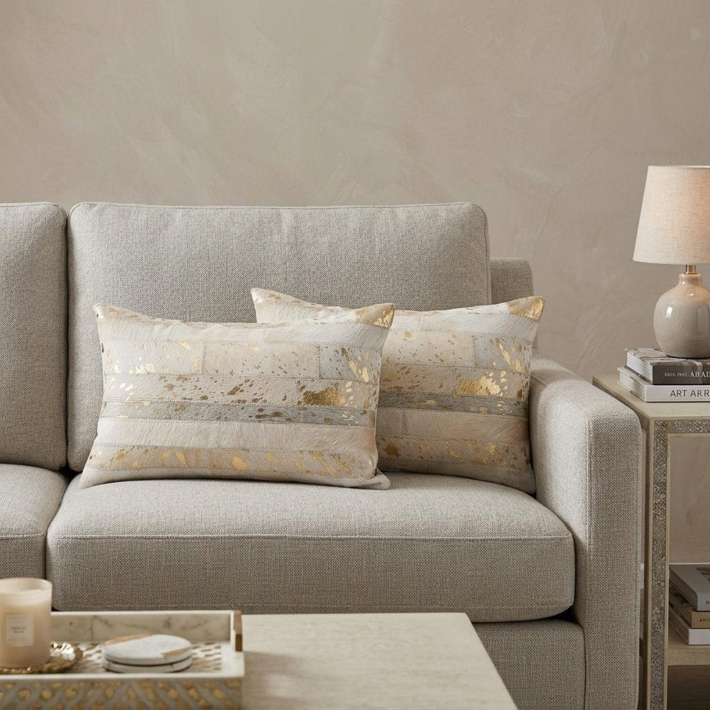 Set of Two 12" X 20" Natural and Gold Patchwork Cowhide Lumbar Throw Pillows with Glitter — view 7