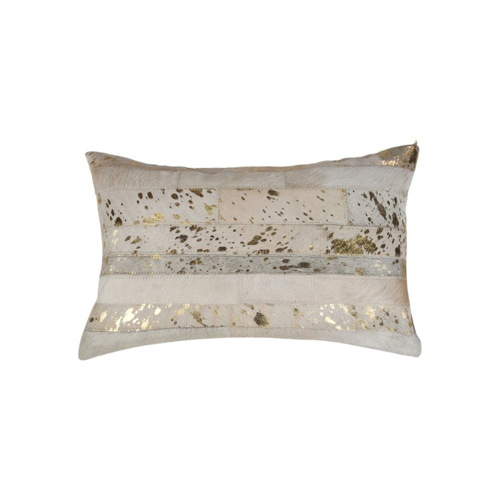 Set of Two 12" X 20" Natural and Gold Patchwork Cowhide Lumbar Throw Pillows with Glitter — view 4