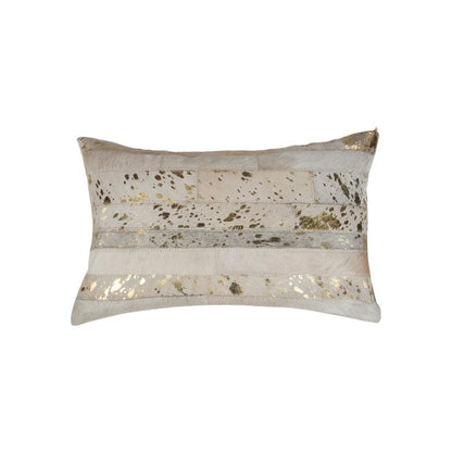 Set of Two 12" X 20" Natural and Gold Patchwork Cowhide Lumbar Throw Pillows with Glitter