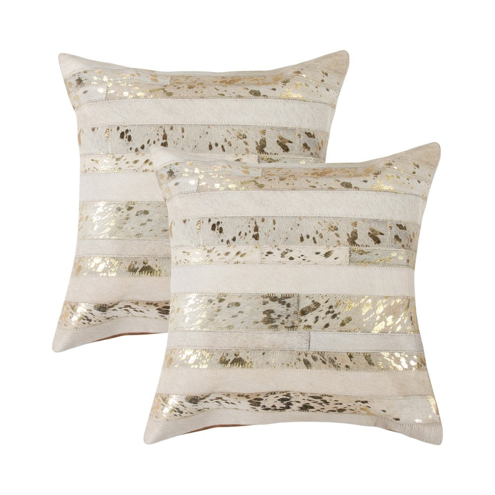 Set of Two 18" Natural and Gold Striped Cowhide Throw Pillows with Glitter