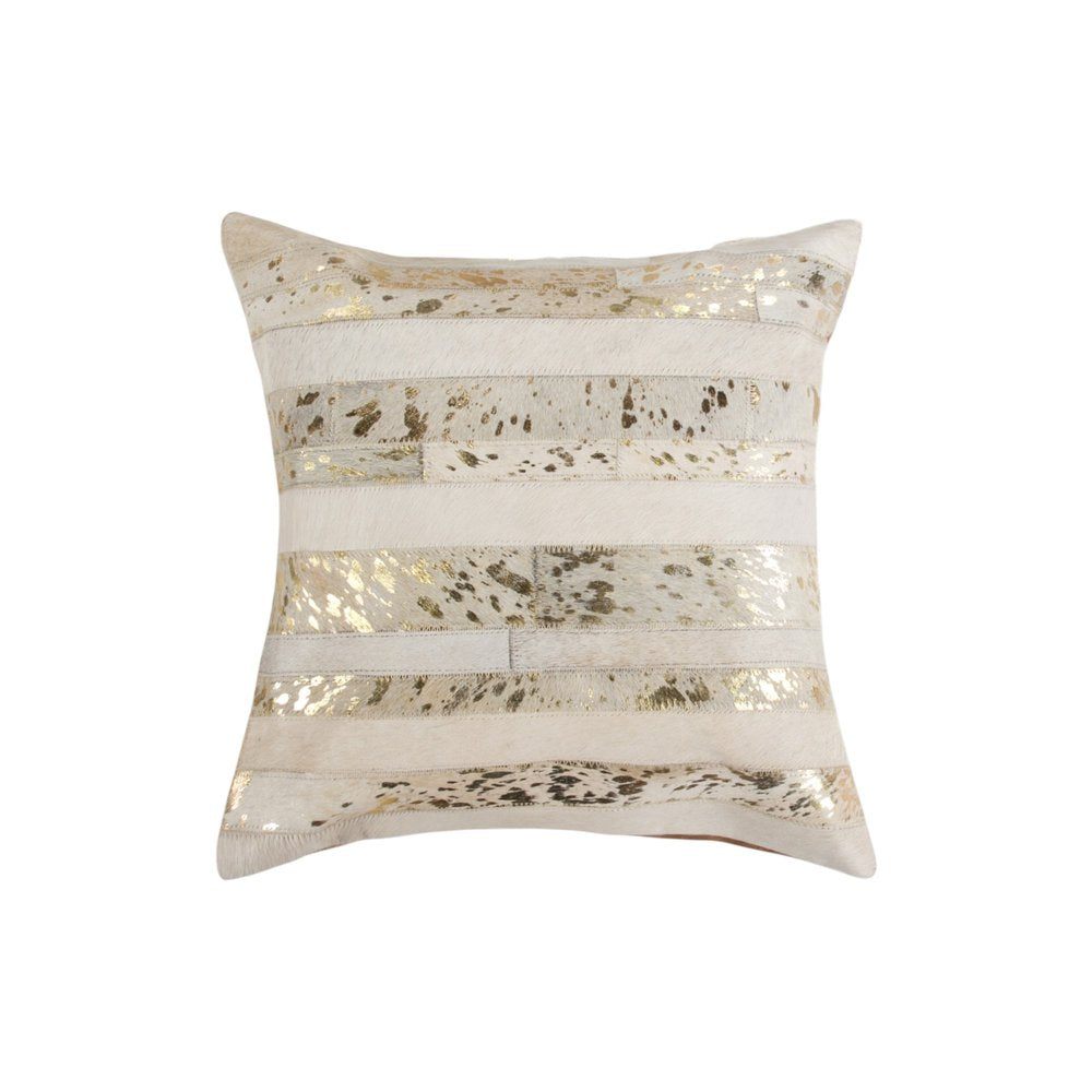 Set of Two 18" Natural and Gold Striped Cowhide Throw Pillows with Glitter