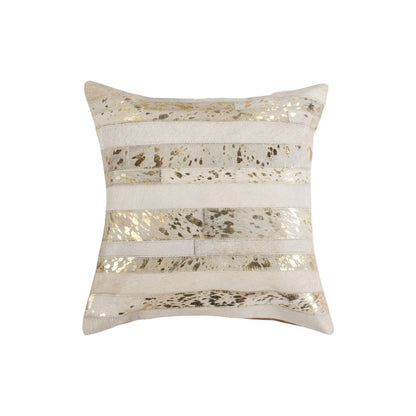 Set of Two 18" Natural and Gold Striped Cowhide Throw Pillows with Glitter