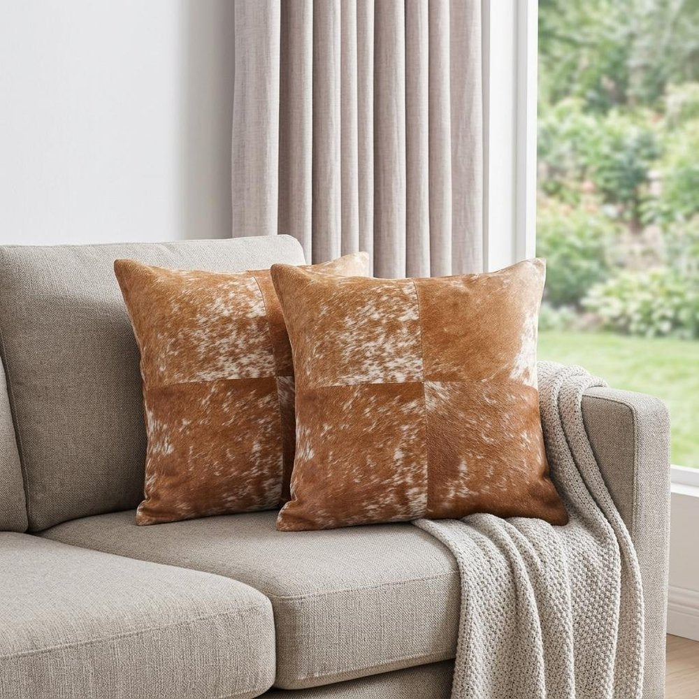 Set of Two 18" Brown and White Cowhide Cowhide Throw Pillows — view 7