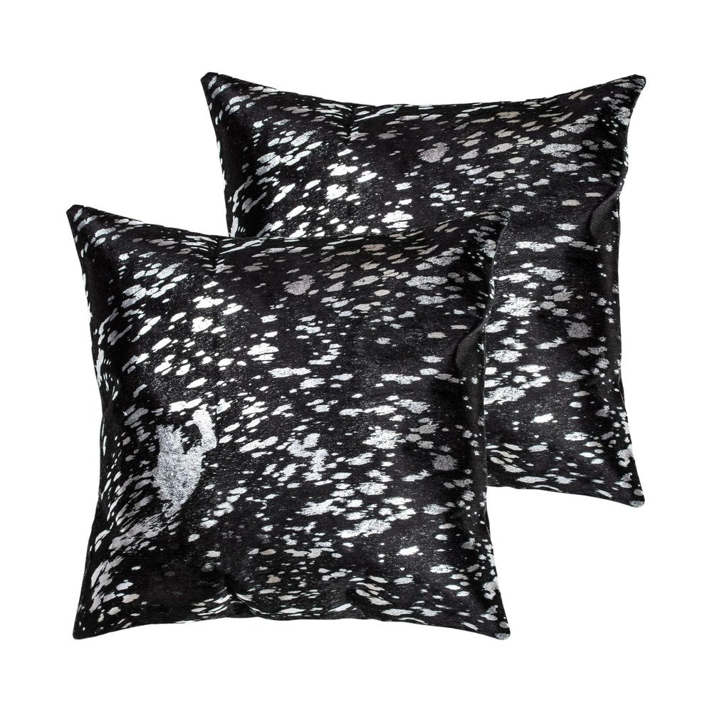 Set of Two 18" Black and Silver Abstract Cowhide Throw Pillows with Glitter — view 1