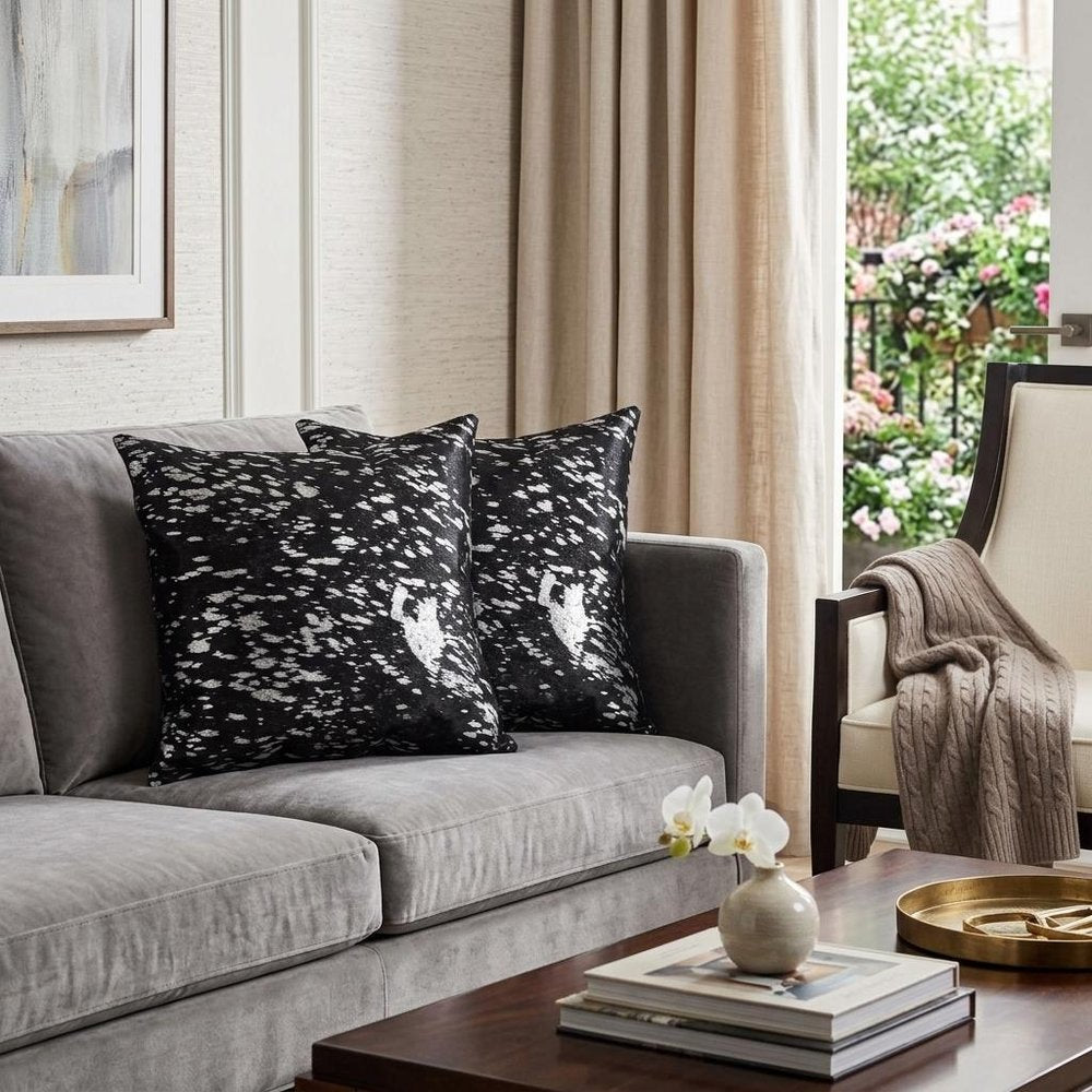 Set of Two 18" Black and Silver Abstract Cowhide Throw Pillows with Glitter — view 6