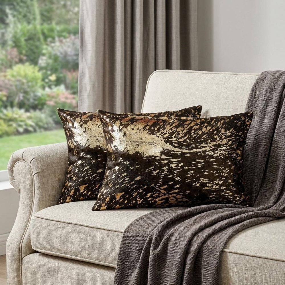 Set of Two 12" X 20" Chocolate and Gold Abstract Cowhide Lumbar Throw Pillows with Glitter — view 6