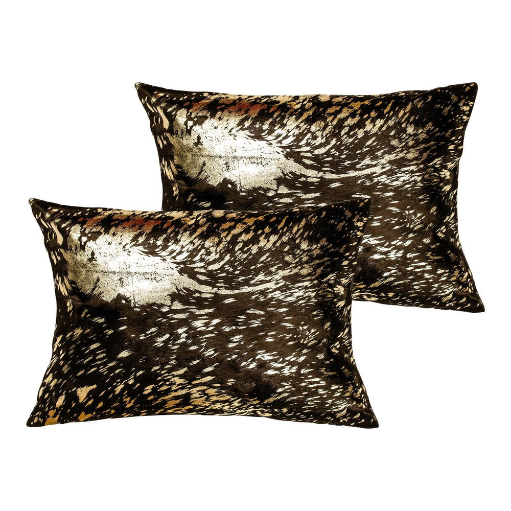Set of Two 12" X 20" Chocolate and Gold Abstract Cowhide Lumbar Throw Pillows with Glitter — view 1