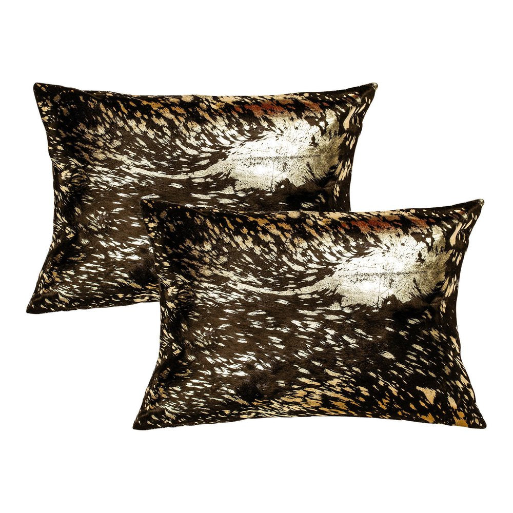 Set of Two 12" X 20" Chocolate and Gold Abstract Cowhide Lumbar Throw Pillows with Glitter — view 3