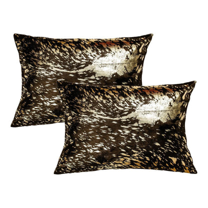 Set of Two 12" X 20" Chocolate and Gold Abstract Cowhide Lumbar Throw Pillows with Glitter