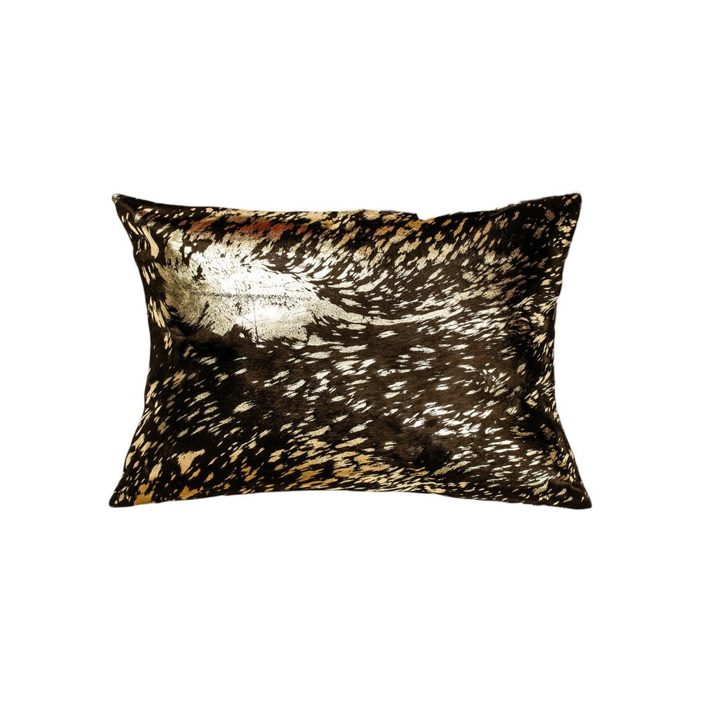 Set of Two 12" X 20" Chocolate and Gold Abstract Cowhide Lumbar Throw Pillows with Glitter — view 4