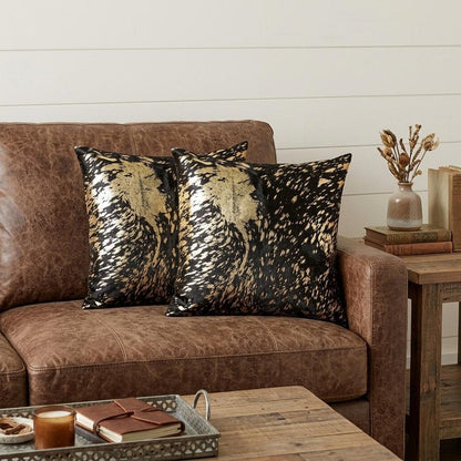 Set of Two 18" Brown And Gold Cowhide Cowhide Throw Pillows