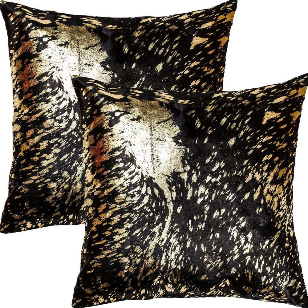 Set of Two 18" Brown And Gold Cowhide Cowhide Throw Pillows