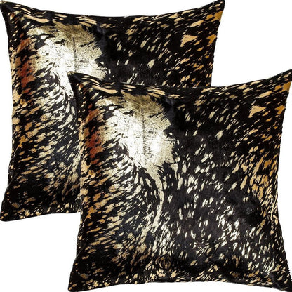 Set of Two 18" Brown And Gold Cowhide Cowhide Throw Pillows