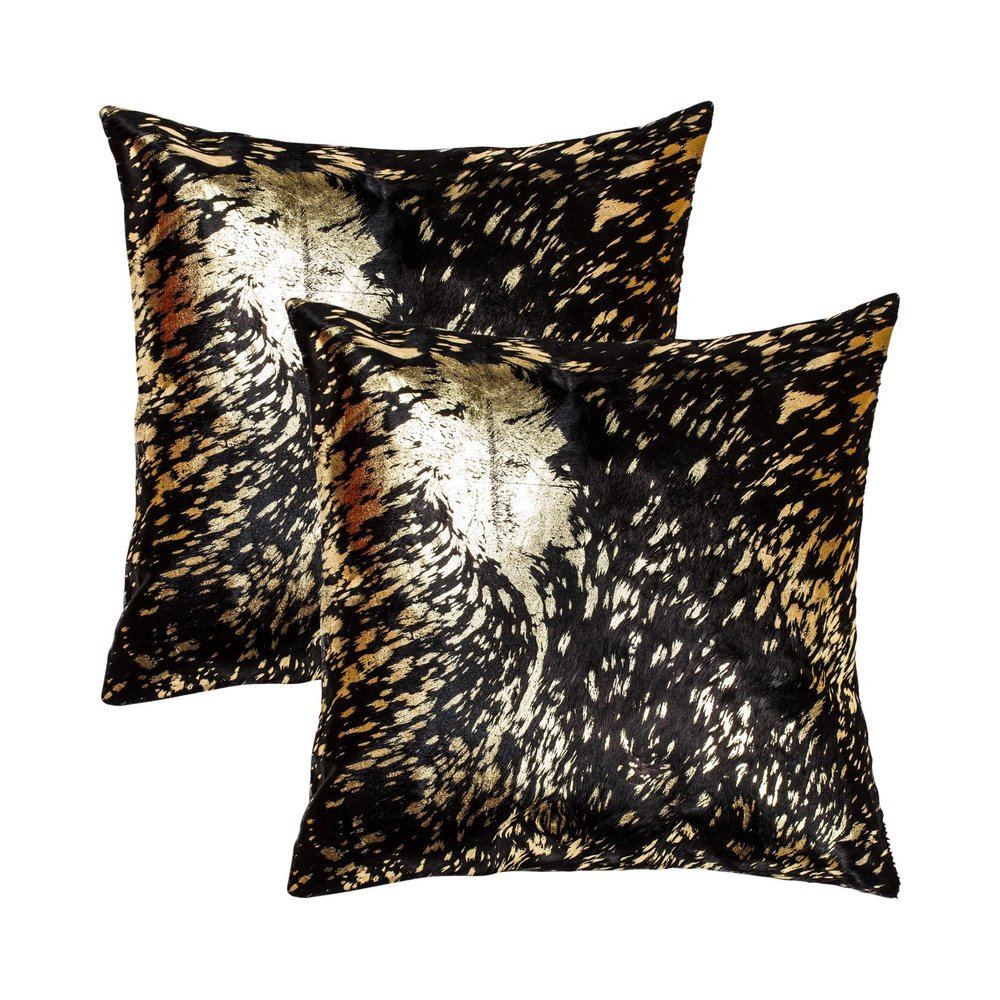 Set of Two 18" Brown And Gold Cowhide Cowhide Throw Pillows