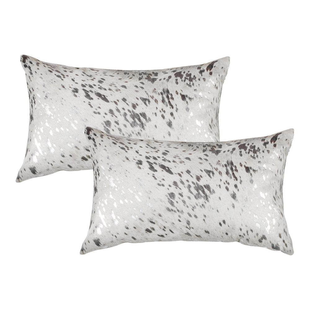 Set of Two 12" X 20" Gray and Silver Abstract Cowhide Lumbar Throw Pillows with Glitter — view 1