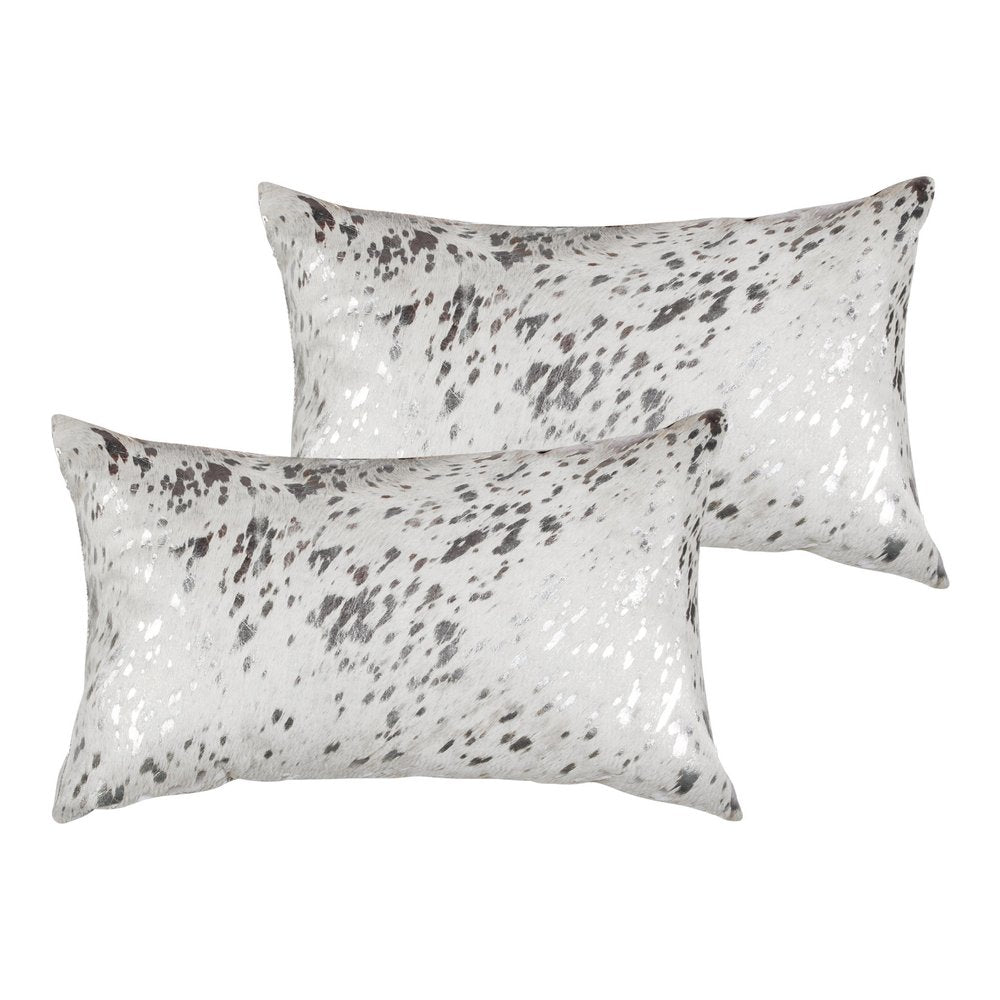 Set of Two 12" X 20" Gray and Silver Abstract Cowhide Lumbar Throw Pillows with Glitter