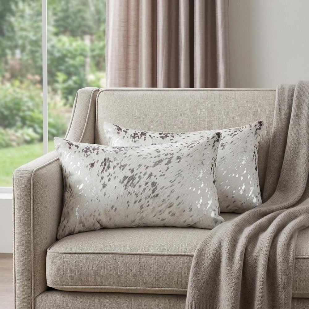 Set of Two 12" X 20" Gray and Silver Abstract Cowhide Lumbar Throw Pillows with Glitter — view 7