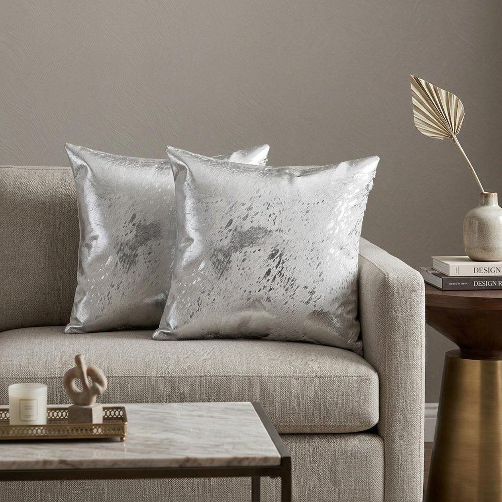 Set of Two 18" Gray and Silver Abstract Cowhide Throw Pillows with Glitter — view 6