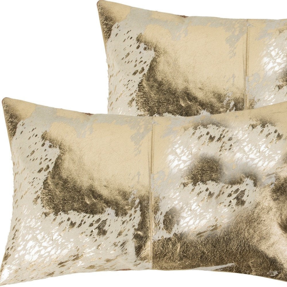 Set of Two 12" X 20" Natural And Gold Lumbar Cowhide Throw Pillows — view 5