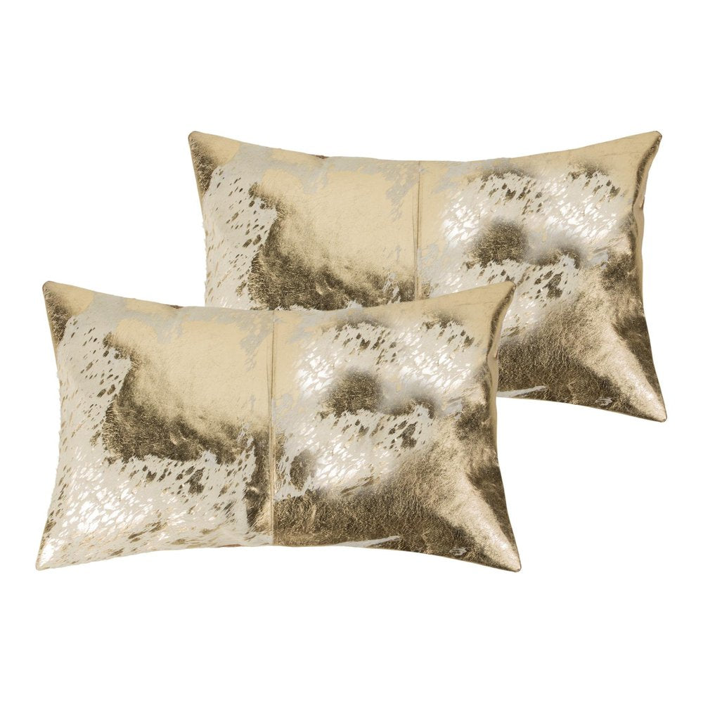 Set of Two 12" X 20" Natural And Gold Lumbar Cowhide Throw Pillows
