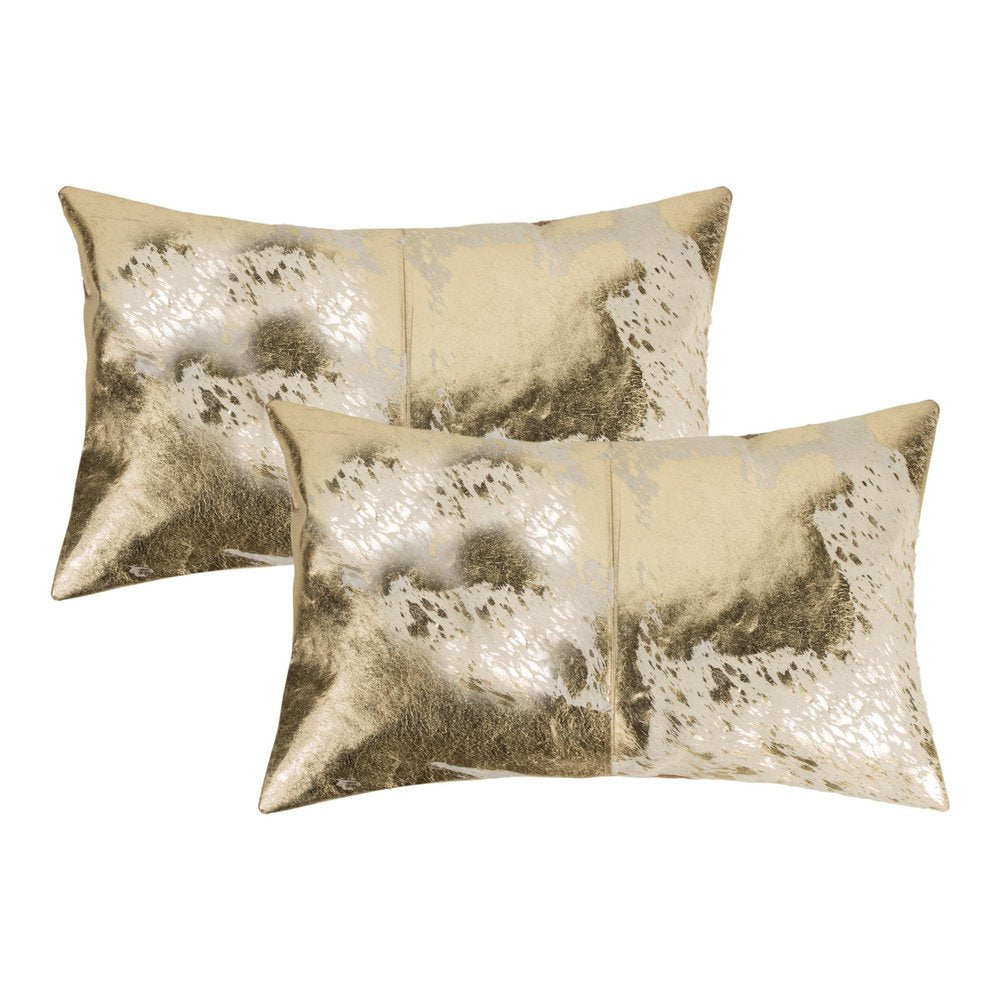 Set of Two 12" X 20" Natural And Gold Lumbar Cowhide Throw Pillows — view 3