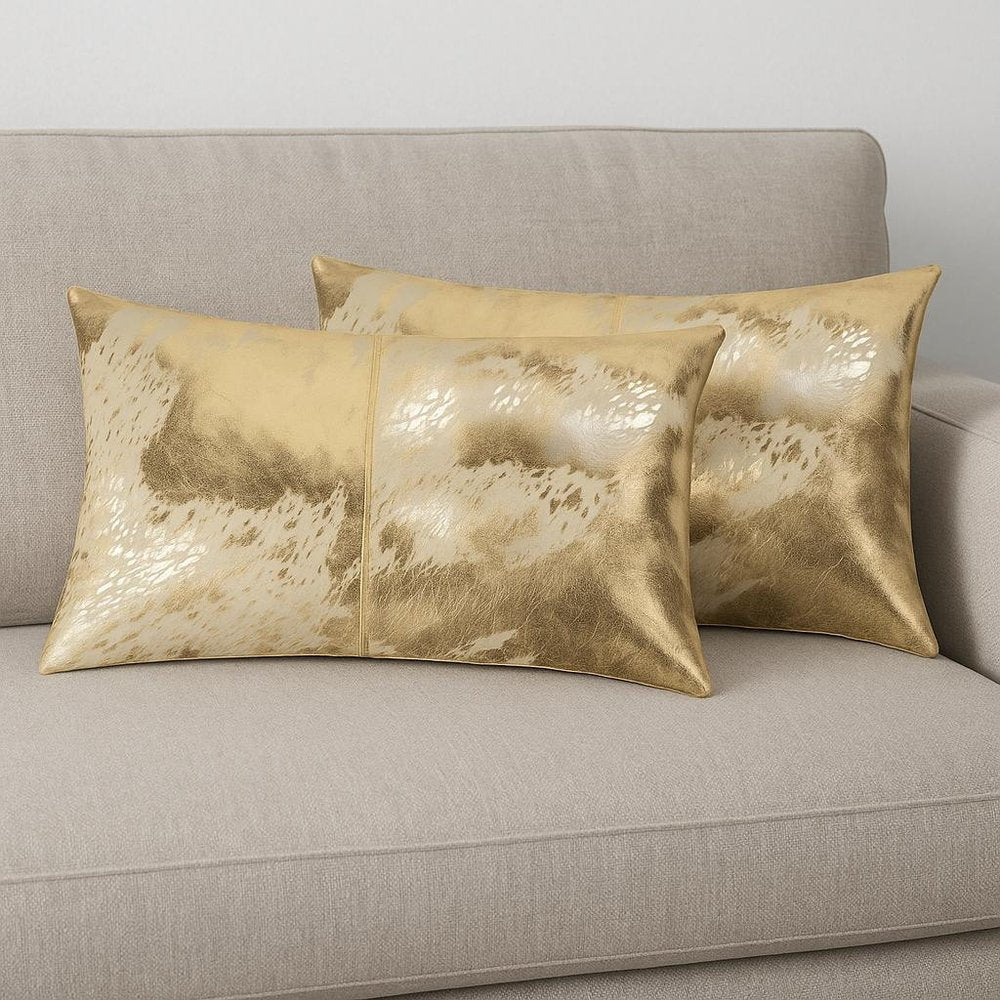 Set of Two 12" X 20" Natural And Gold Lumbar Cowhide Throw Pillows — view 7
