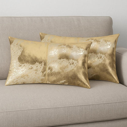 Set of Two 12" X 20" Natural And Gold Lumbar Cowhide Throw Pillows