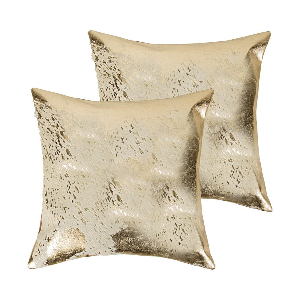 Set of Two 18" Natural and Gold Abstract Cowhide Throw Pillows with Glitter — view 1