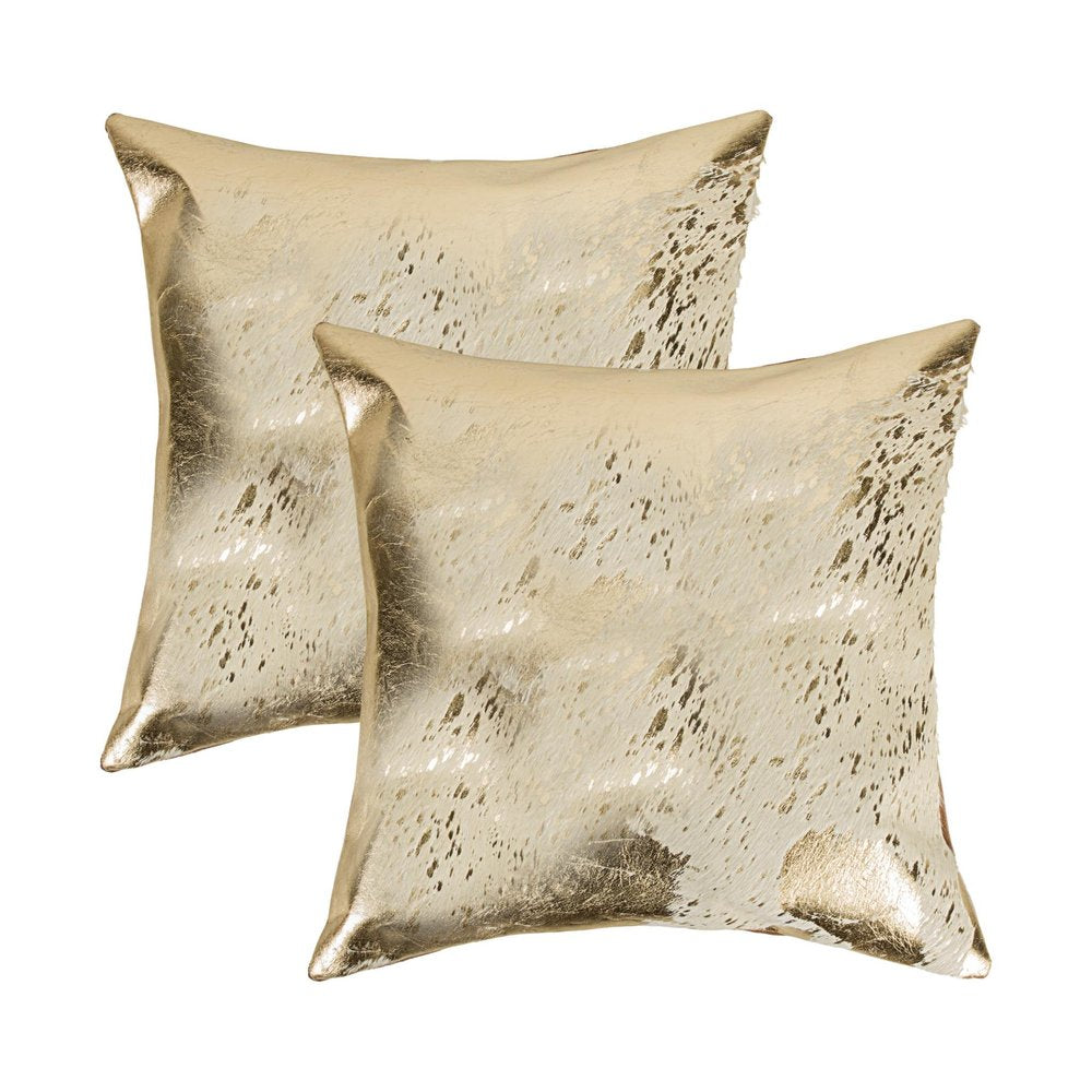 Set of Two 18" Natural and Gold Abstract Cowhide Throw Pillows with Glitter — view 2
