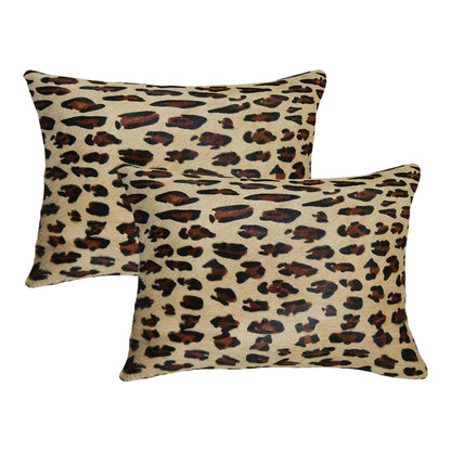 Set of Two 12" X 20" Brown and Black Leopard Cowhide Lumbar Throw Pillows