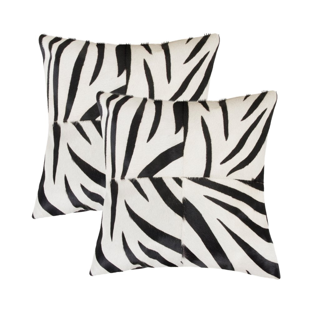 Set of Two 18" White and Black Zebra Cowhide Throw Pillows — view 1
