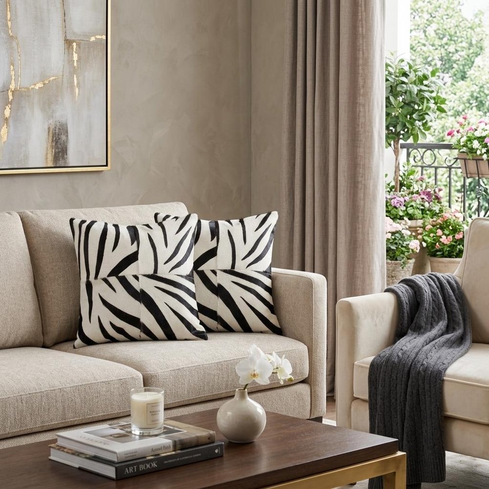 Set of Two 18" White and Black Zebra Cowhide Throw Pillows — view 7
