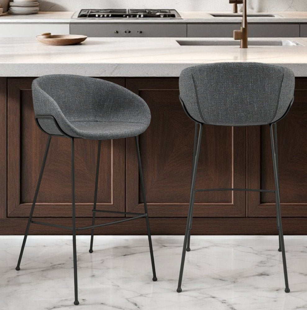 Set of Two 30" Gray and Black Fabric and Steel Low Back Bar Height Bar Chairs HomeRoots