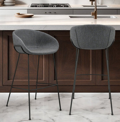 Set of Two 30" Gray and Black Fabric and Steel Low Back Bar Height Bar Chairs HomeRoots