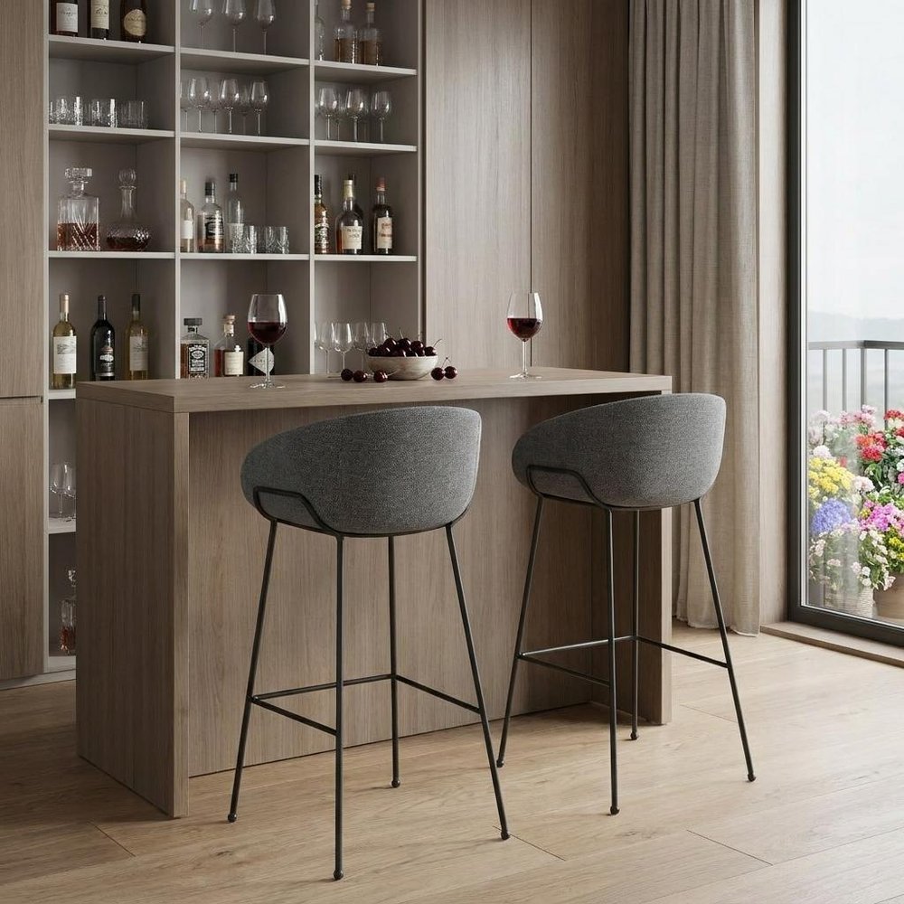 Set of Two 30" Gray And Black Fabric And Steel Low Back Bar Height Bar Chairs HomeRoots