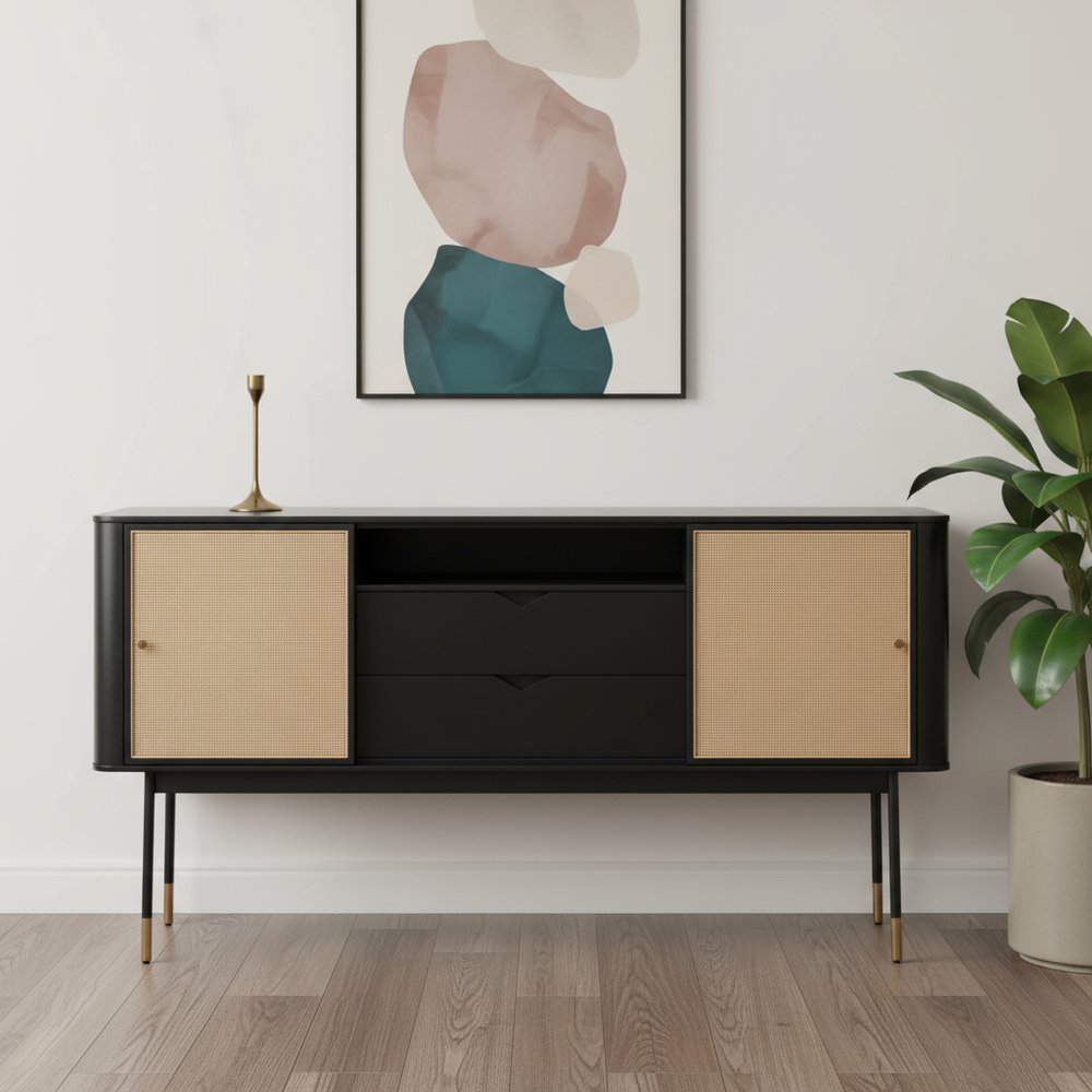 59" Black And Natural Wood Two Drawer Sideboard with Two Sliding Doors HomeRoots