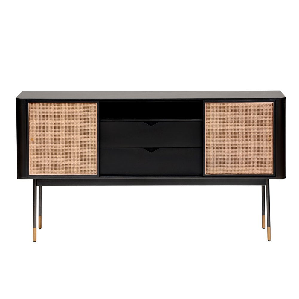 59" Black And Natural Wood Two Drawer Sideboard with Two Sliding Doors HomeRoots