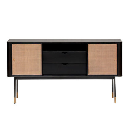 59" Black And Natural Wood Two Drawer Sideboard with Two Sliding Doors HomeRoots