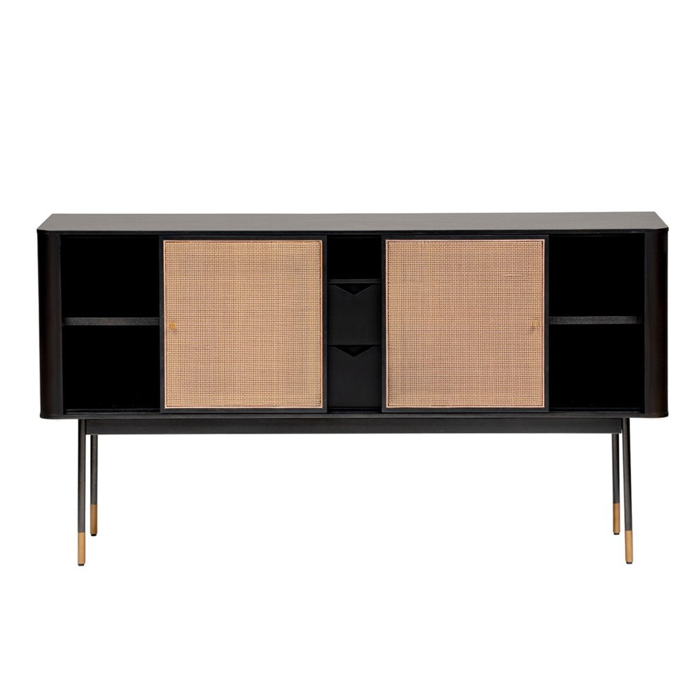 59" Black And Natural Wood Two Drawer Sideboard with Two Sliding Doors HomeRoots