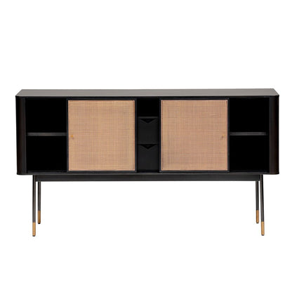 59" Black And Natural Wood Two Drawer Sideboard with Two Sliding Doors HomeRoots