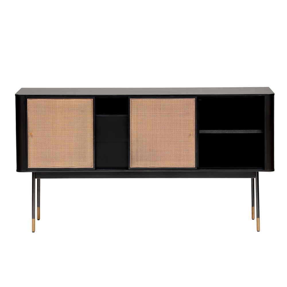 59" Black And Natural Wood Two Drawer Sideboard with Two Sliding Doors HomeRoots