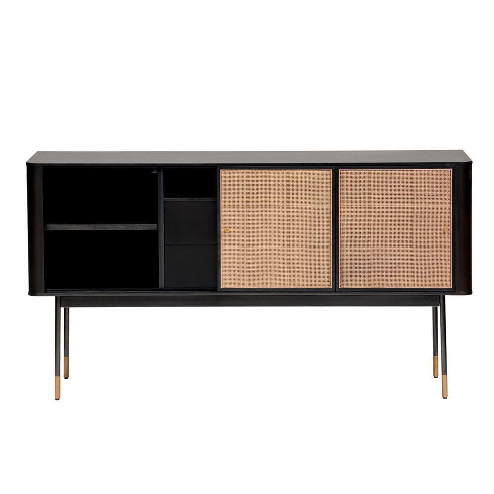 59" Black And Natural Wood Two Drawer Sideboard with Two Sliding Doors HomeRoots