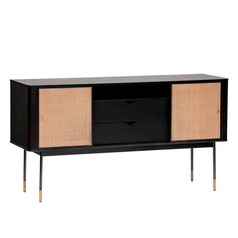 59" Black And Natural Wood Two Drawer Sideboard with Two Sliding Doors HomeRoots